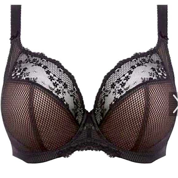 Elomi- Charley- Black Lace Full Figure Underwire Unlined Plunge Bra, Size 36J - Picture 2 of 11